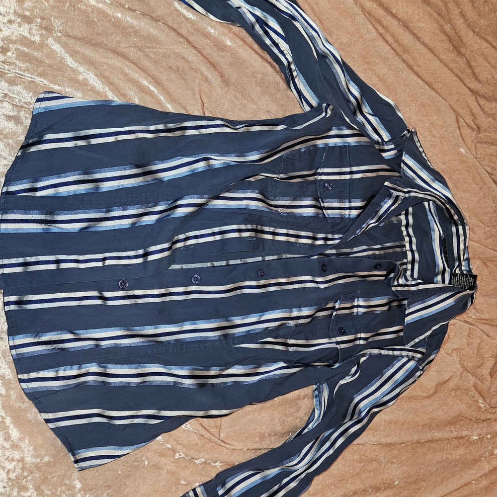 New York & Company Navy Striped Blouse